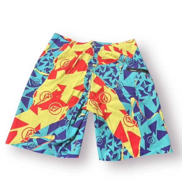 Volcom Blue Yellow Diamond Board Shorts Size 32" 6 Way Stretch Swim Trunks Retro - Picture 2 of 5
